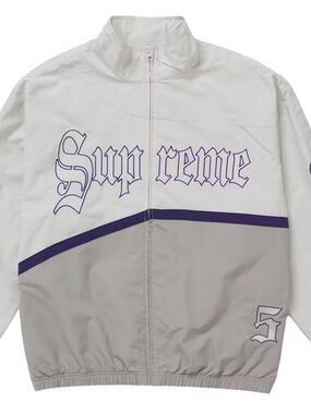 Supreme White, Gray & Purple Gothic Logo Track Jacket